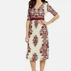 Lucy Pairs Anthropologie Embroidered Burgundy Ivory Scalloped Dress Size Medium
